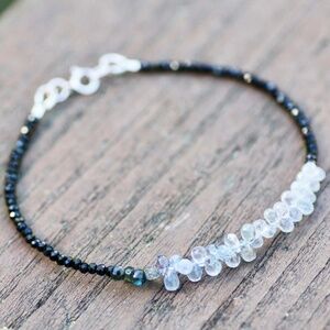 Natural Black Spinel, Tiny Briolette Blue Sapphire Bracelet Solid 14K White Gold